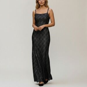 Jessica McClintock‎ Gunne Sax Dress Women 5/6 Black Silver Sequin Lace Maxi Gown